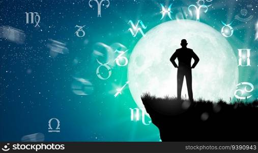 Astrological zodiac signs inside of horoscope circle. Illustration of Man silhouette consulting the stars and moon over the zodiac wheel and milky way background. The power of the universe concept.