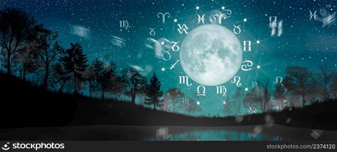 Astrological zodiac signs inside of horoscope circle. Landscape with The stars and moon over the zodiac wheel and milky way background. The power of the universe concept.