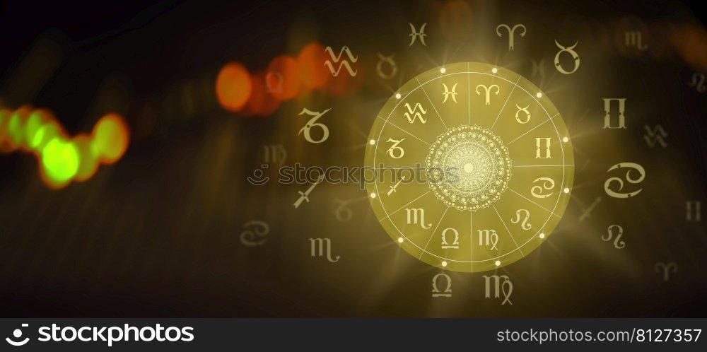Astrology zodiac sign horoscope wheel of fortune hologram with mandala inside and abstract background. Power of the moon and the Universe.