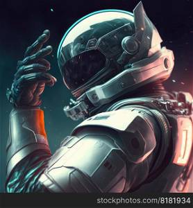 Astronaut exploring new plentiful planet showing life futuristic human-being in darkness, in accomplished multi-colored reflective spacesuit concept. Finest generative AI.. Astronaut exploring new plentiful planet showing life futuristic