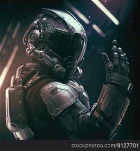 Astronaut exploring new plentiful planet showing life futuristic human-being in darkness, in accomplished multi-colored reflective spacesuit concept. Finest generative AI.. Astronaut exploring new plentiful planet showing life futuristic