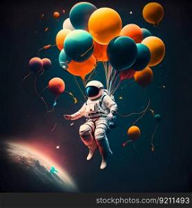 Astronaut Floating with Colorful Balloons in Space. Generative ai. High quality illustration. Astronaut Floating with Colorful Balloons in Space. Generative ai
