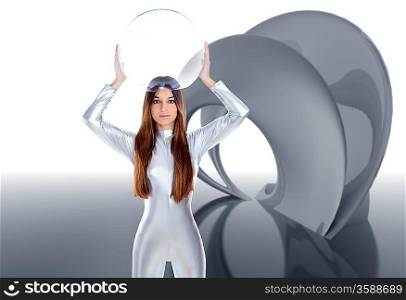Astronaut futuristic silver woman glass helmet in modern abstract space