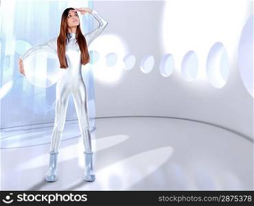 Astronaut futuristic silver woman glass helmet in modern spaceship indoor