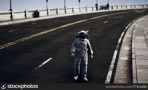 astronaut in space suit on the road bridge