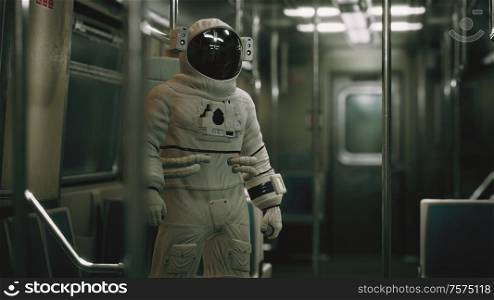 Astronaut Inside of the old non-modernized subway car in USA