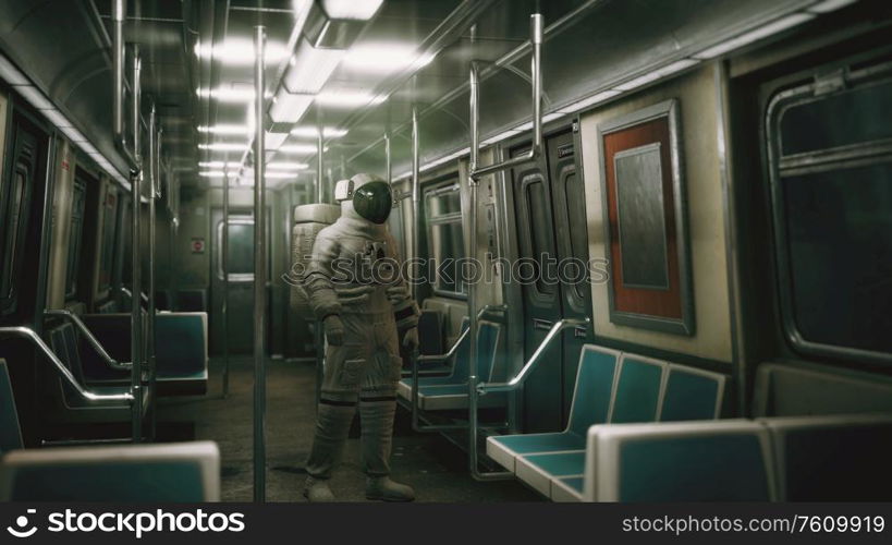 Astronaut Inside of the old non-modernized subway car in USA