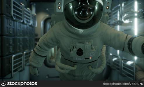 astronaut inside the orbital space station. Elements of this image furnished by NASA.. astronaut inside the orbital space station