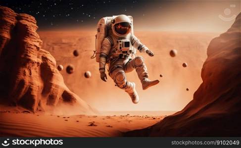 Astronaut jumping on a soil of alien rocky planet. Generative AI. Astronaut jumping on a soil of alien rocky planet. Generative AI.