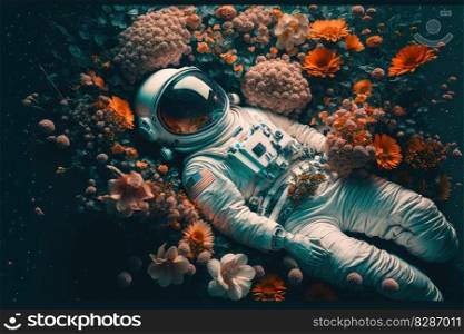 Astronaut laying in the colorful flower garden with top view. Concept of the relaxation in space cinematic fantasy dark light. Finest generative AI.. Astronaut laying in the colorful flower garden with top view.