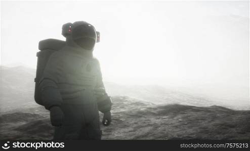 astronaut on another planet with dust and fog