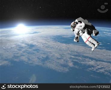 Astronaut or cosmonaut flying upon earth when sun rises, 3d render - Elements of this image furnished by NASA