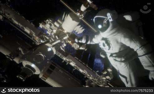 Astronaut outside the International Space Station on a spacewalk. Elements of this image furnished by NASA. Astronaut outside the International Space Station on a spacewalk