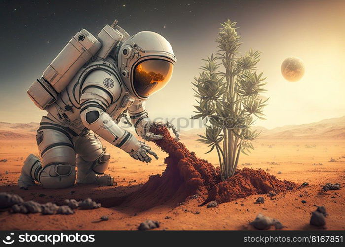 Astronaut Plants a Tree on some planet in the galaxy. Generative AI 