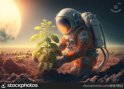 Astronaut Plants a Tree on some planet in the galaxy. Generative AI 