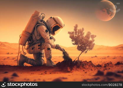 Astronaut Plants a Tree on the Red Planet Mars. Generative AI. High quality illustration. Astronaut Plants a Tree on the Red Planet Mars. Generative AI