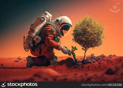 Astronaut Plants a Tree on the Red Planet Mars. Generative AI. High quality illustration. Astronaut Plants a Tree on the Red Planet Mars. Generative AI