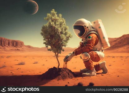Astronaut Plants a Tree on the Red Planet Mars. Generative AI. High quality illustration. Astronaut Plants a Tree on the Red Planet Mars. Generative AI
