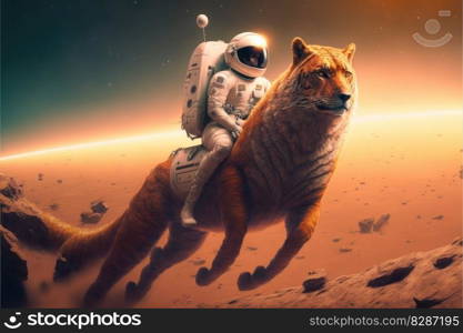 Astronaut riding big cat on Mars landscape. Concept of orange light on outer. Finest generative AI.. Astronaut riding big cat on Mars landscape. Concept of orange light on outer.