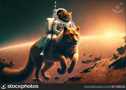 Astronaut riding big cat on Mars landscape. Concept of orange light on outer. Finest generative AI.. Astronaut riding big cat on Mars landscape. Concept of orange light on outer.