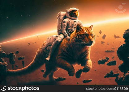 Astronaut riding big cat on Mars landscape. Concept of orange light on outer. Finest generative AI.. Astronaut riding big cat on Mars landscape. Concept of orange light on outer.