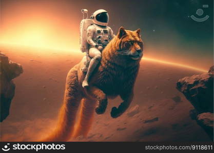 Astronaut riding big cat on Mars landscape. Concept of orange light on outer. Finest generative AI.. Astronaut riding big cat on Mars landscape. Concept of orange light on outer.