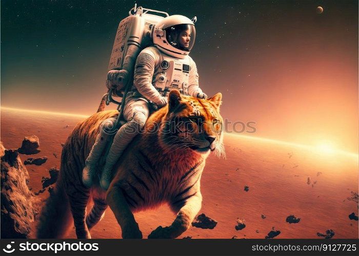 Astronaut riding big cat on Mars landscape. Concept of orange light on outer. Finest generative AI.. Astronaut riding big cat on Mars landscape. Concept of orange light on outer.
