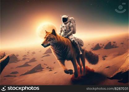 Astronaut riding wolf on Mars landscape. Concept of orange light on outer. Finest generative AI.. Astronaut riding wolf on Mars landscape. Concept of orange light on outer.