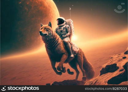 Astronaut riding wolf on Mars landscape. Concept of orange light on outer. Finest generative AI.. Astronaut riding wolf on Mars landscape. Concept of orange light on outer.