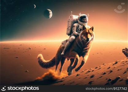 Astronaut riding wolf on Mars landscape. Concept of orange light on outer. Finest generative AI.. Astronaut riding wolf on Mars landscape. Concept of orange light on outer.