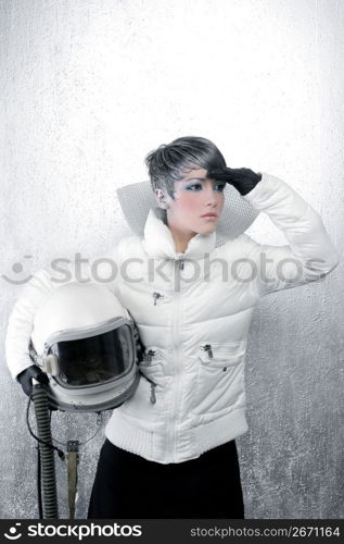 astronaut spaceship driver aircraft helmet fashion woman over silver