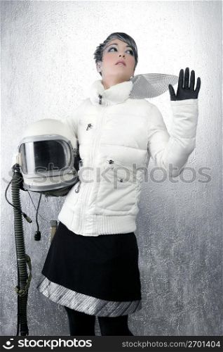 astronaut spaceship driver aircraft helmet fashion woman over silver