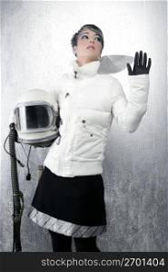 astronaut spaceship driver aircraft helmet fashion woman over silver