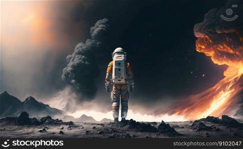 Astronaut standing on a soil of alien rocky planet. Generative AI. Astronaut standing on a soil of alien rocky planet. Generative AI.