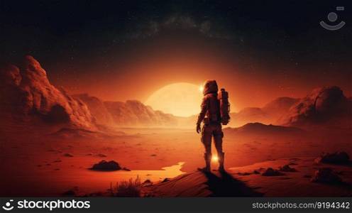 Astronaut stands looking at another planet,AI Generated