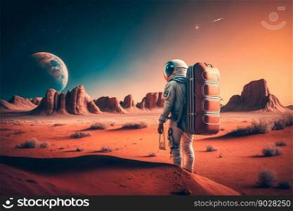 Astronaut Tourist Colonizer on other Planet. Generative AI. High quality illustration. Astronaut Tourist Colonizer on other Planet. Generative AI