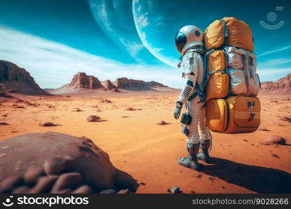 Astronaut Tourist Colonizer on other Planet. Generative AI. High quality illustration. Astronaut Tourist Colonizer on other Planet. Generative AI