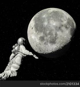Astronaut walking in space with moon background - 3d rendering. Astronaut walking in space with moon background