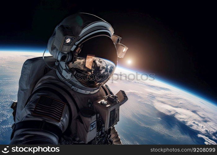 astronaut, with view of planet earth, during space tourism trip, created with generative ai. astronaut, with view of planet earth, during space tourism trip