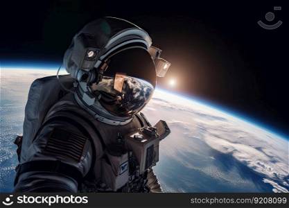 astronaut, with view of planet earth, during space tourism trip, created with generative ai. astronaut, with view of planet earth, during space tourism trip