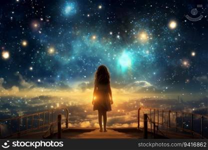 Astronomer child woman starry sky night. Science galaxy. Generate Ai. Astronomer child woman starry sky night. Generate Ai