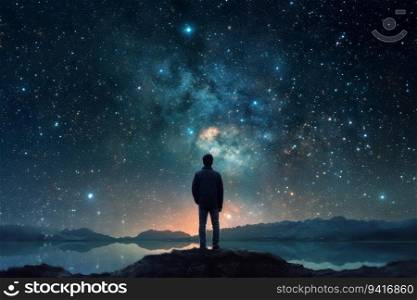 Astronomer man starry sky night. Eclipse planet. Generate Ai. Astronomer man starry sky night. Generate Ai