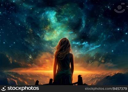 Astronomer starry sky night woman. Star science. Ge≠rate Ai. Astronomer starry sky night woman. Ge≠rate Ai
