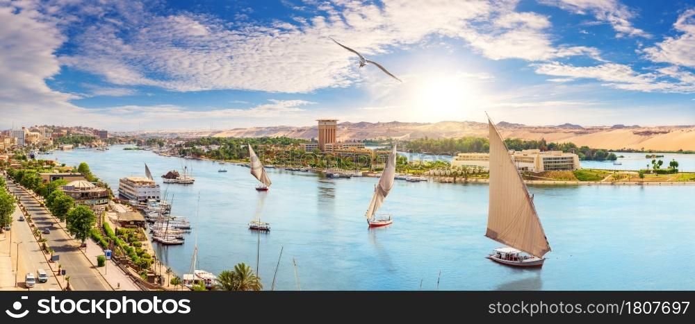 Aswan city and sailboats beautiful Nile panorama, aerial view, Egypt.