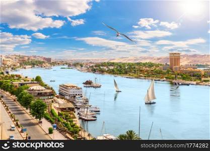 Aswan downtown, panoramic view on the Nile, Egypt.
