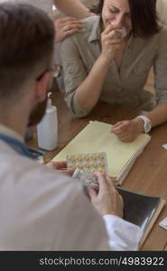 At doctor office. Doctor talking to crying patient after tests. Closeup portrait