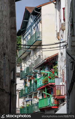 AT HONDARRIBIA, SPAIN - ON 08/27/2017- colorful houses at Hondarribia, Spain