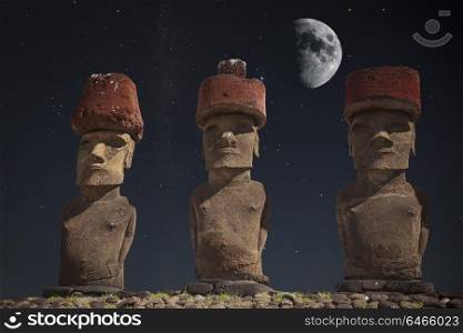 At night, under the light of stars. Moais at Ahu Tongariki (Easter island, Chile)