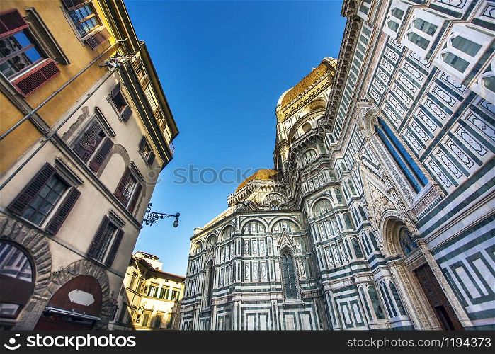 At the Florence Cathedral Tuscany Italy. In front of the Duomo in Piazza del Duomo in Florence Tuscany Italy