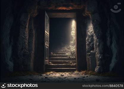 At the foot of the ancient stone steps, a dark, unsettling basement door is open. Dark shadows are cast on the ground by the brilliant sun&rsquo;s beams, creating an eerie, abandoned subterranean area under.Generative AI
